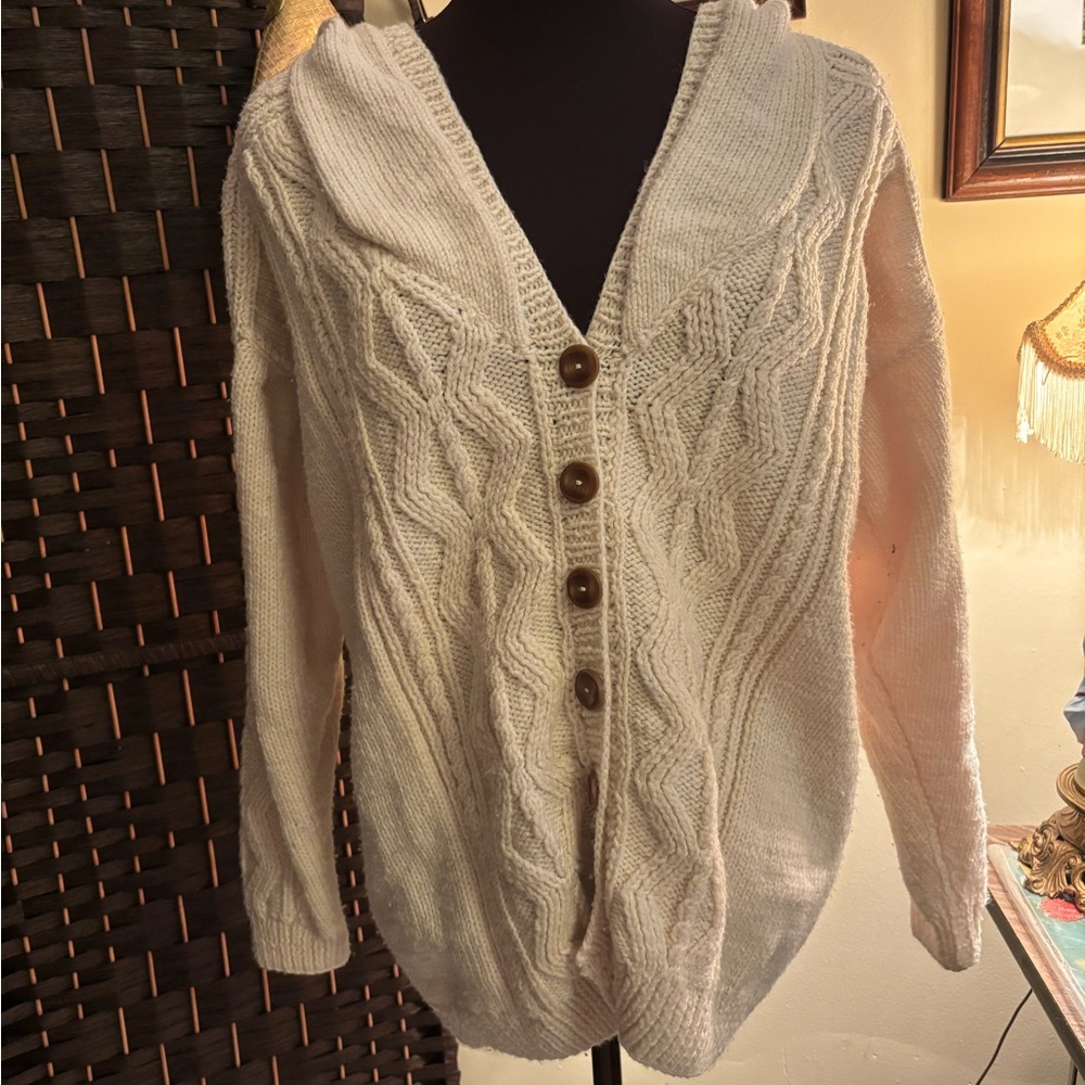 Vintage Handmade Hooded White Cable Knit Sweater